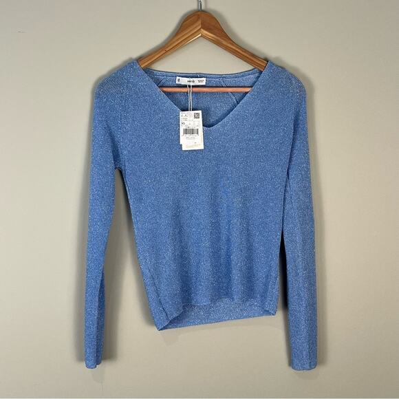 Mango Tops - Mango Women's Size XS Long Sleeve Sweater V-Neck Blue Sparkly NWT Party Glam